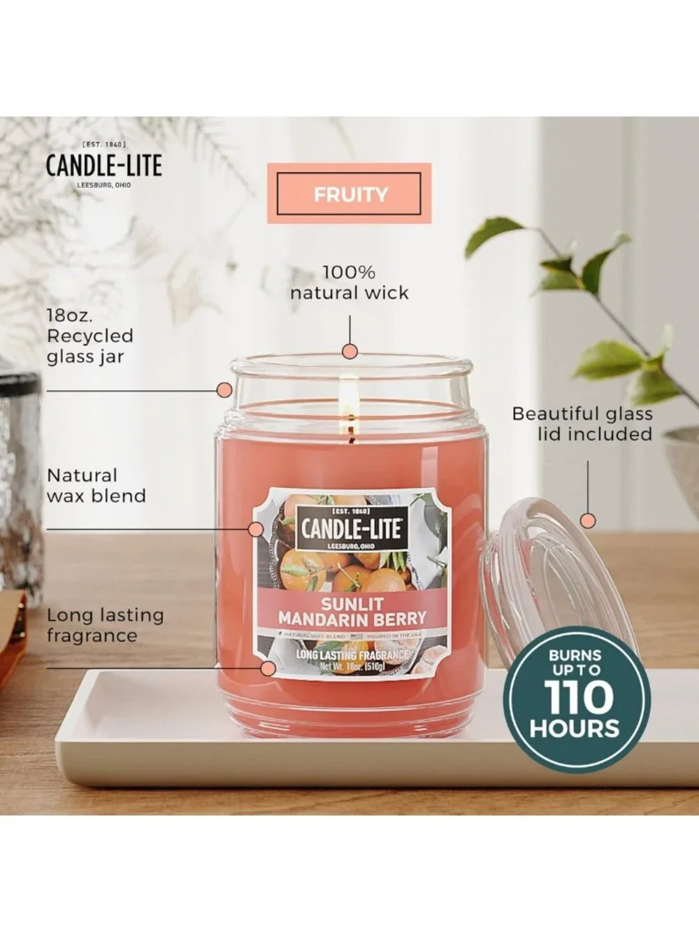 Scented Aromatherapy Candle, Sunlit Mandarin Berry, 18 oz Jar, 110 Hour Burn
